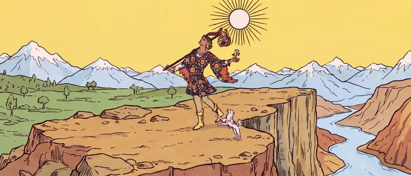 Carta zero, confiança cem: o Tolo, com uma trouxa no ombro e uma rosa na mão, caminha olhando o sol na beira de um penhasco, com um cão branco aos pés, montanhas nevadas ao fundo e um rio no vale.